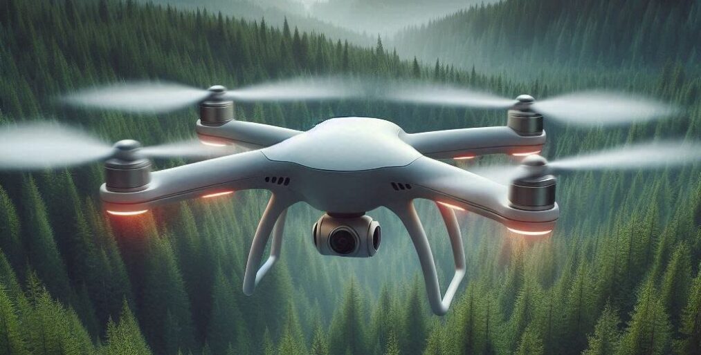 Drone image flying by the forest.